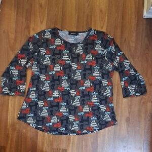 Chic Long Sleeve Cat Print Tee - Black, Red, Blue